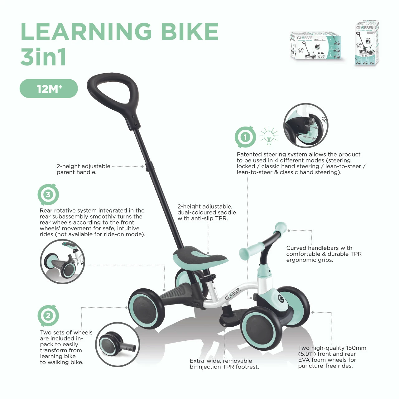 Globber Learn Bike 3In1 White-Mint 4 Globber Learn Bike 3In1 White-Mint - Image 2